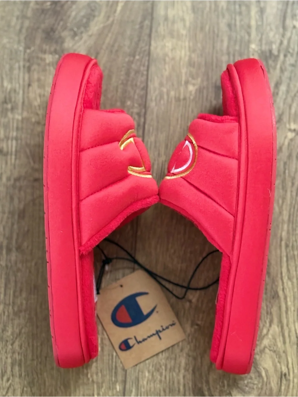 Champion Scarlet Red Plush Cozy Slide Slippers Logo Cushioned NWT Youth 7